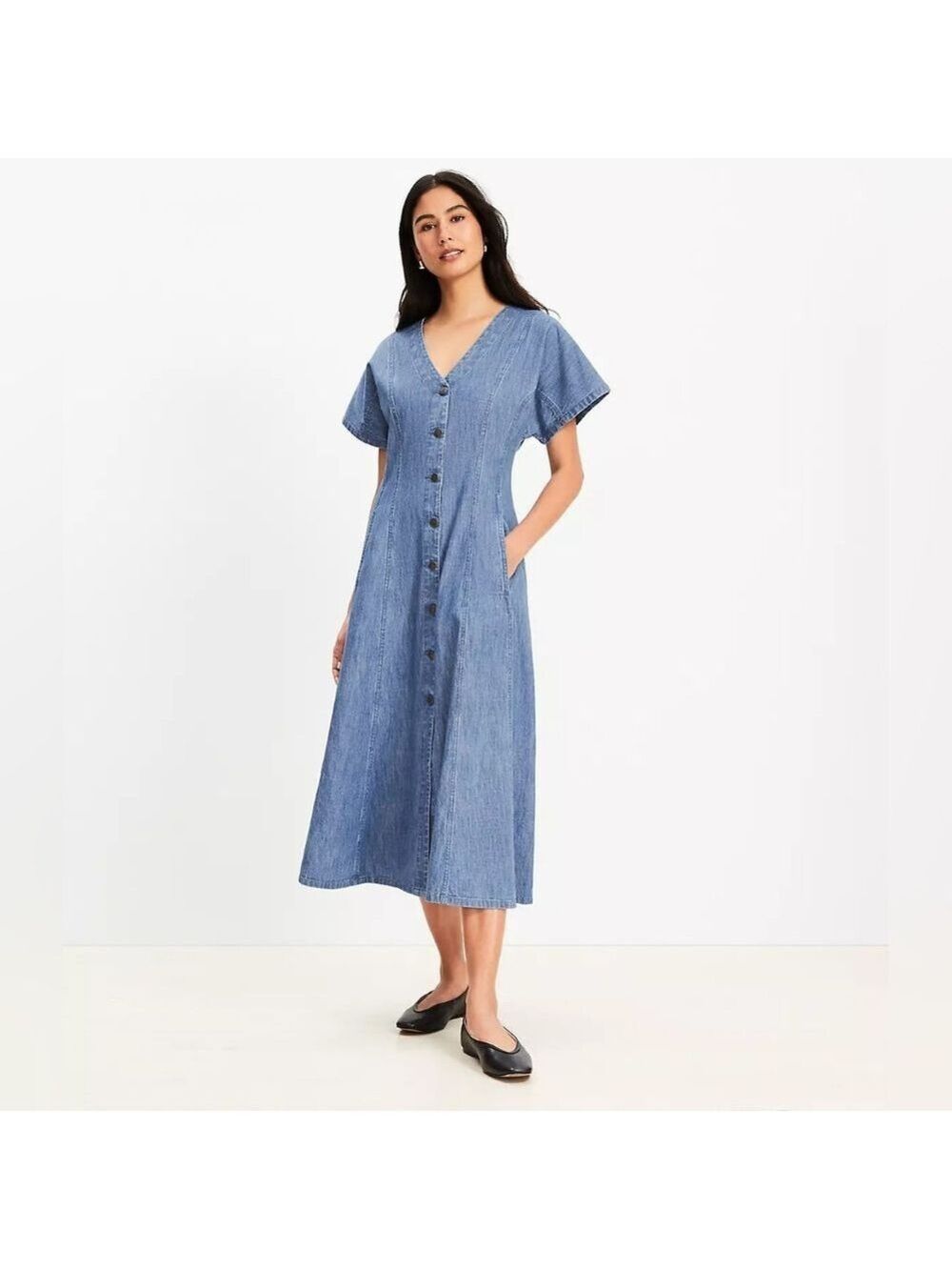 LOFT Chambray V-Neck Midi Pocket Dress